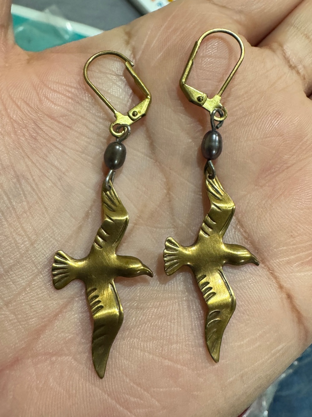 Vintage Brass Seagull Drop Earrings with Dark Bead